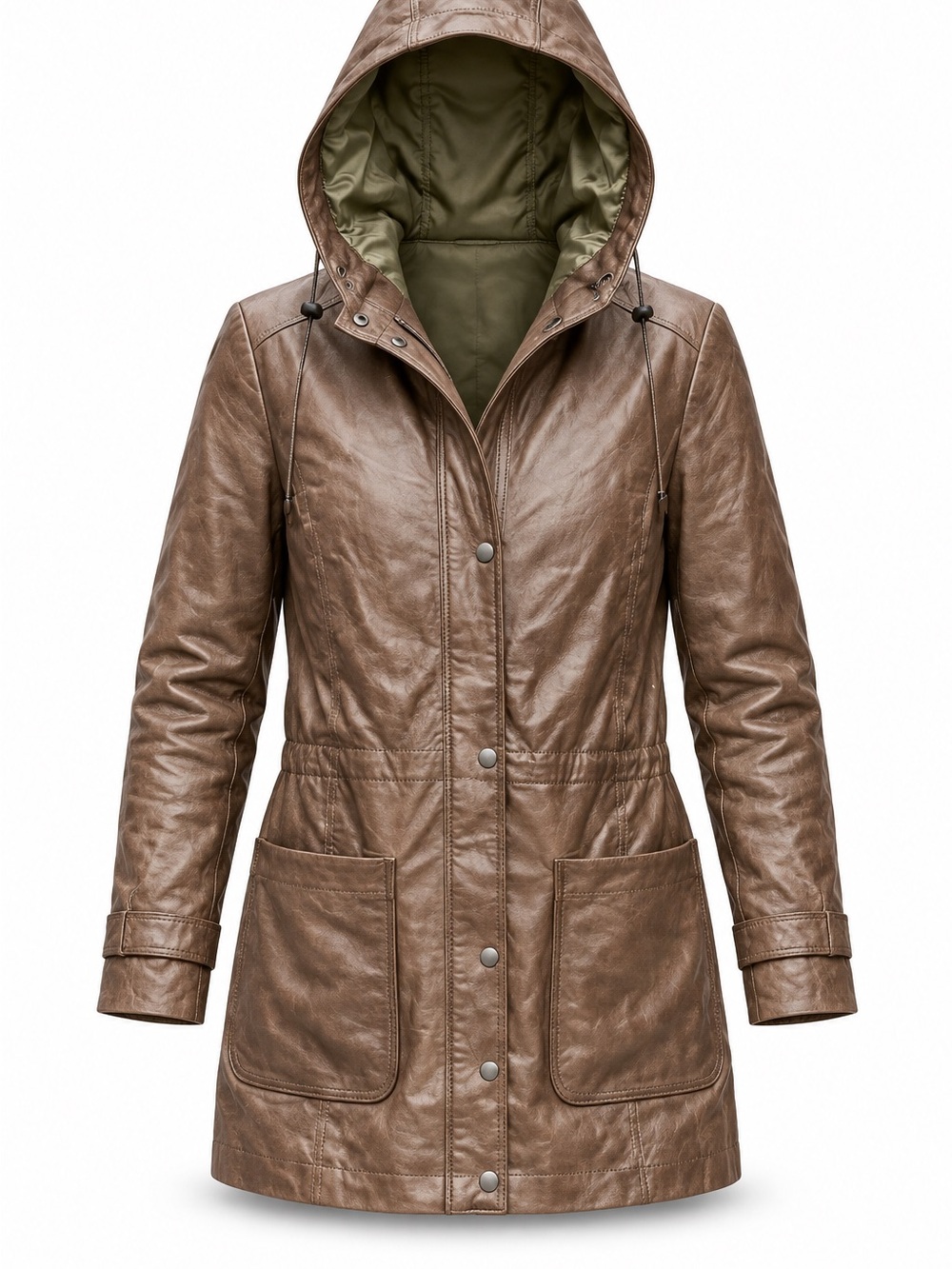 1970s Ladies Brown Danier Lined Hooded Leather Utility Jacket with Snap Pockets